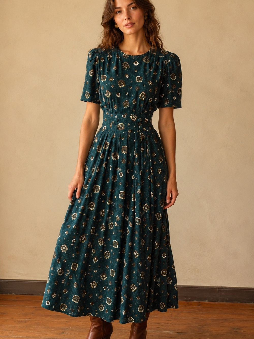 karin stevens vintage Green Floral Medallion Maxi Dress